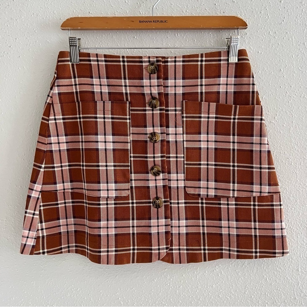 Plaid Patch Pocket High Rise Button Front Skirt